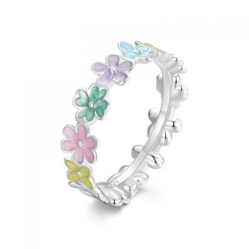 Sterling Silver Finger Ring, 925 Sterling Silver, Flower, platinum plated, fashion jewelry & for woman & enamel 