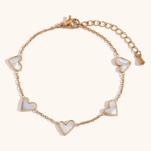 Stainless Steel Chain Bracelets, 316L Stainless Steel, with White Shell, with 5cm extender chain, Heart, 18K gold plated, fashion jewelry & for woman, golden Approx 17 cm 