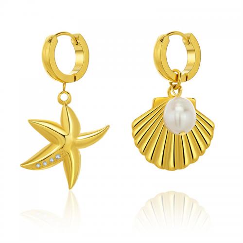 Asymmetric Earrings, 304 Stainless Steel, with Shell Pearl, fashion jewelry & micro pave cubic zirconia & for woman, golden, oyster shell 20.5*20mm, starfish 25*20mm, Earrings 2*13.5mm 