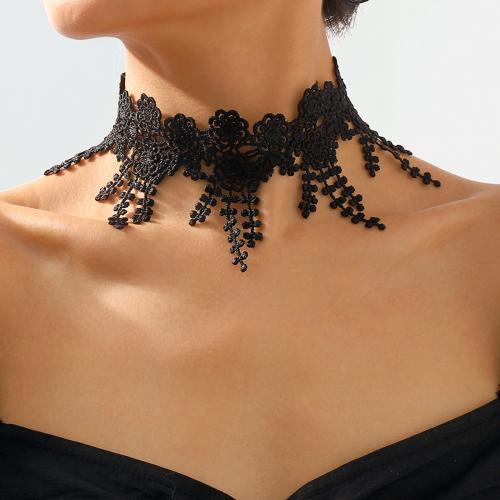 Fashion Choker Necklace, Iron, with Lace, Flower, plated, fashion jewelry & for woman, black 