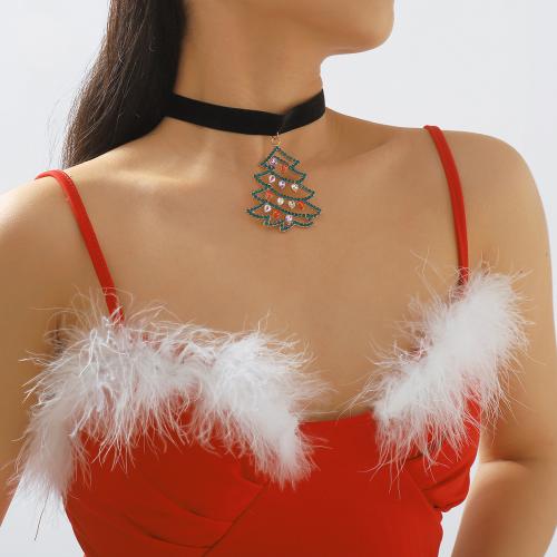 Fashion Choker Necklace, Zinc Alloy, with Velveteen, Christmas Tree, gold color plated & for woman & with rhinestone 