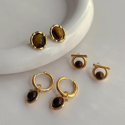 Gemstone Drop Earring, Brass, with Tiger Eye, plated, fashion jewelry gold 