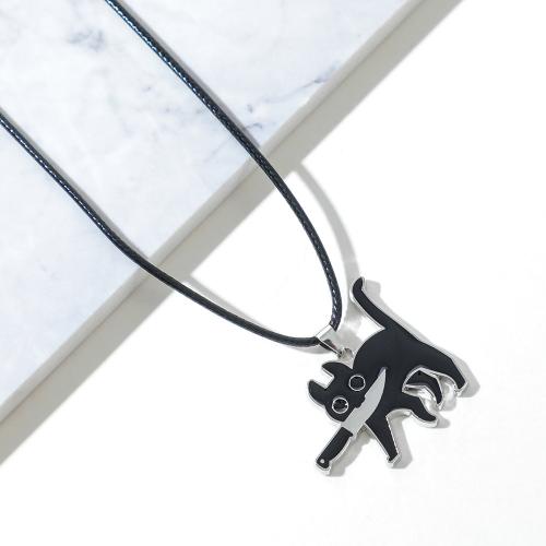 Enamel Zinc Alloy Necklace, with leather cord, with 5cm extender chain, Cat, plated, fashion jewelry, silver color cm 