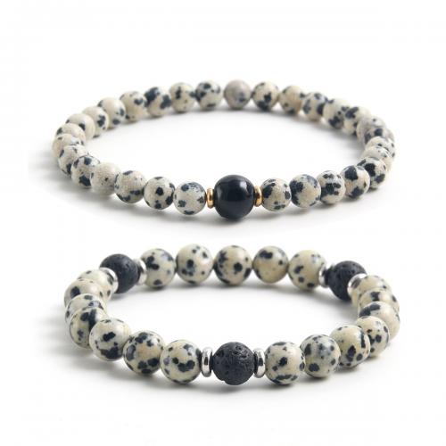 Gemstone Bracelets, 304 Stainless Steel, with Obsidian & Lava & Dalmatian, handmade white and black Approx 18 cm 