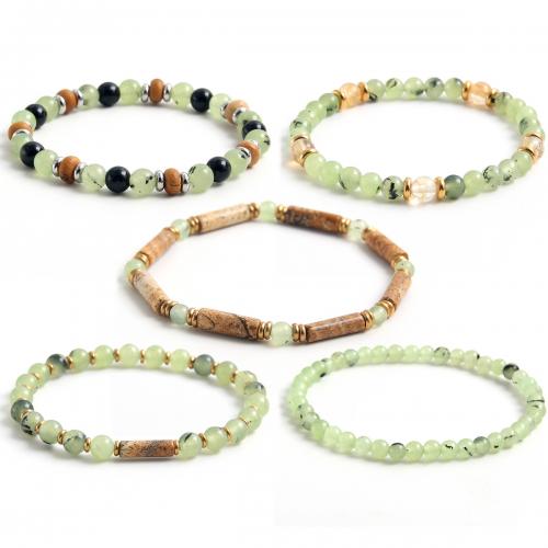 Gemstone Bracelets, 304 Stainless Steel, with Obsidian & Picture Jasper & Natural Prehnite & Crystal & Wood, handmade Approx 18 cm 