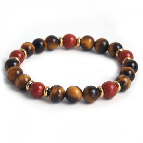 Gemstone Bracelets, 304 Stainless Steel, with Red Turquoise & Tiger Eye, plated, Unisex, brown Approx 18 cm 