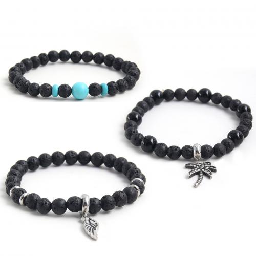 Gemstone Bracelets, 304 Stainless Steel, with turquoise & Lava, plated, Unisex & micro pave cubic zirconia, black Approx 18 cm 