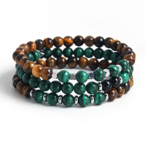 Gemstone Bracelets, 304 Stainless Steel, with Malachite & Tiger Eye, plated, Unisex green Approx 18 cm 