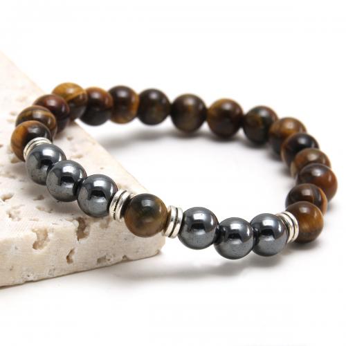 Gemstone Bracelets, 304 Stainless Steel, with Lava & Grain Stone & Tiger Eye, polished, Unisex brown Approx 19 cm 