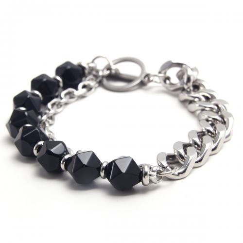 Gemstone Bracelets, 304 Stainless Steel, with Tiger Eye & Black Agate, plated, Unisex silver color Approx 21 cm 
