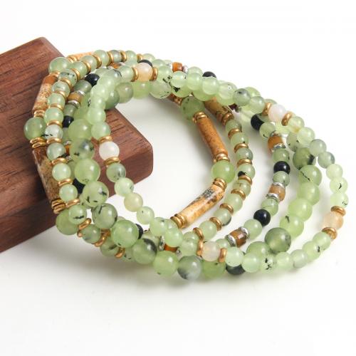 Gemstone Bracelets, 304 Stainless Steel, with Picture Jasper & Tiger Eye & Natural Prehnite, handmade, Unisex green Approx 18 cm [