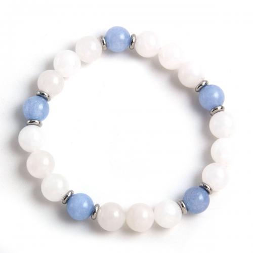 Gemstone Bracelets, 304 Stainless Steel, with White Chalcedony & Elastic Thread & Aquamarine, plated, Unisex, white Approx 18 cm 