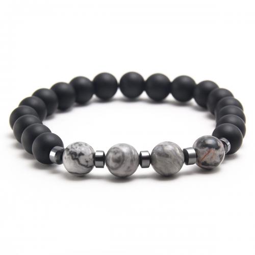 Gemstone Bracelets, 304 Stainless Steel, with Howlite & Map Stone & Tiger Eye & Black Agate, plated, Unisex black Approx 19 cm 