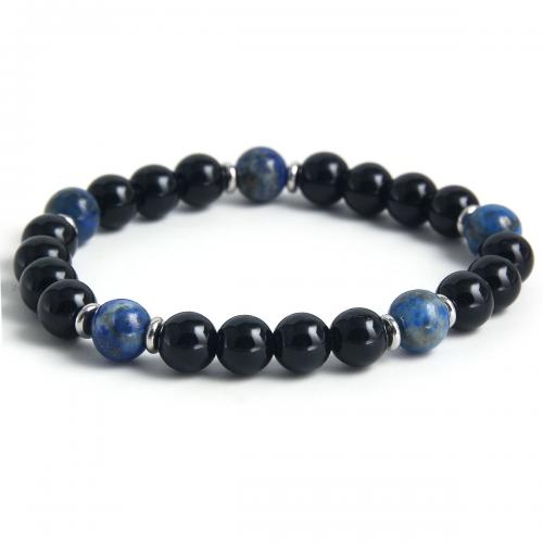 Gemstone Bracelets, 304 Stainless Steel, with Obsidian & Lapis Lazuli, plated, Unisex, black Approx 19 cm 