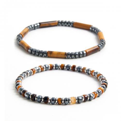 Gemstone Bracelets, 304 Stainless Steel, with Tiger Eye & Hematite, handmade, Unisex mixed colors Approx 18 cm 