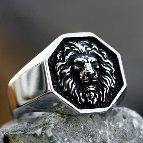 Titanium Steel Finger Ring, Lion, polished, vintage & for man & blacken, original color, US Ring 