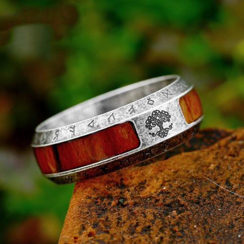 Titanium Steel Finger Ring, with Wood, antique silver color plated, vintage & for man & epoxy gel, US Ring 