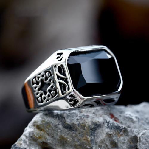 Titanium Steel Finger Ring, with Glass, Geometrical Pattern, polished, vintage & for man, original color, US Ring 