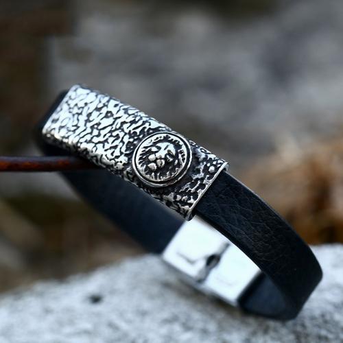 Titanium Steel Bracelet, with PU Leather, Lion, polished, vintage & for man & blacken 
