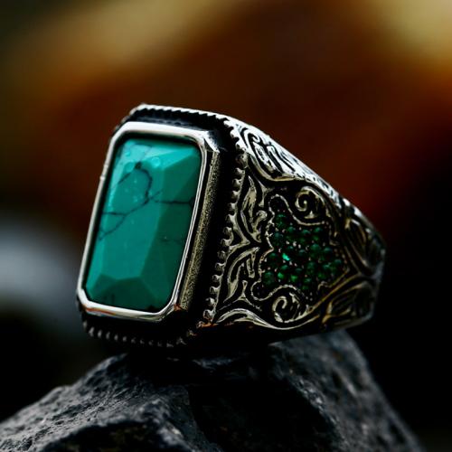 Titanium Steel Finger Ring, with turquoise, Geometrical Pattern, polished, vintage & for man & with rhinestone & blacken, original color, US Ring 