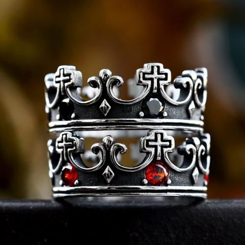 Titanium Steel Finger Ring, Crown, polished, with cross pattern & for man & with rhinestone & blacken US Ring 