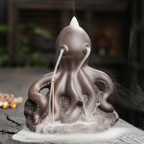Incense Smoke Flow Backflow Holder Ceramic Incense Burner, Purple Clay, Octopus, half handmade, for home and office & durable & multifunctional 
