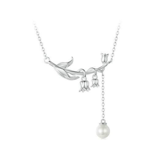 Sterling Silver Jewelry Necklace, 925 Sterling Silver, with Shell Pearl, with 5cm extender chain, Flower, platinum plated, fashion jewelry & for woman Approx 38 cm 