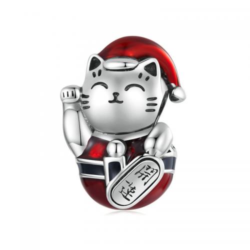Enamel Sterling Silver European Beads, 925 Sterling Silver, Fortune Cat, Christmas Design & DIY Approx 4.5mm [