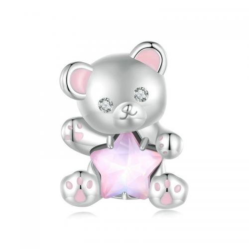 Enamel Sterling Silver European Beads, 925 Sterling Silver, with Glass, Bear, platinum plated, DIY & micro pave cubic zirconia, pink Approx 4.5mm 