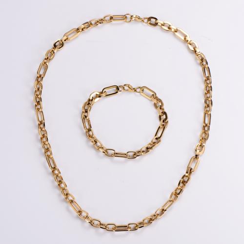 Fashion Stainless Steel Jewelry Sets, 304 Stainless Steel, bracelet & necklace, Vacuum Ion Plating, punk style & Unisex, golden, Necklace length 55cm,bracelet length 21cm 