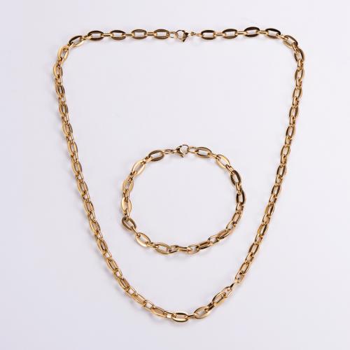 Fashion Stainless Steel Jewelry Sets, 304 Stainless Steel, bracelet & necklace, Vacuum Ion Plating, punk style & Unisex, golden, Necklace length 55cm,bracelet length 21cm 