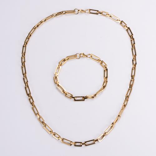 Fashion Stainless Steel Jewelry Sets, 304 Stainless Steel, bracelet & necklace, Vacuum Ion Plating, fashion jewelry & Unisex, golden, Necklace length 55cm,bracelet length 21cm 