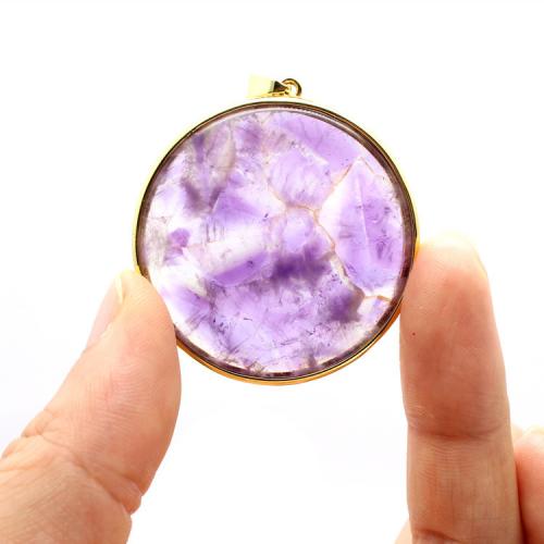 Gemstone Brass Pendants, Natural Stone, with Brass, Flat Round, gold color plated, DIY 
