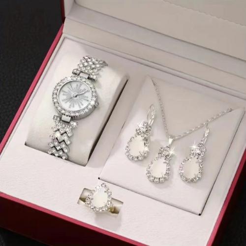 Rhinestone Zinc Alloy Jewelry Set, watch & finger ring & earring & necklace, Teardrop, gold color plated, 4 pieces & for woman & with rhinestone 