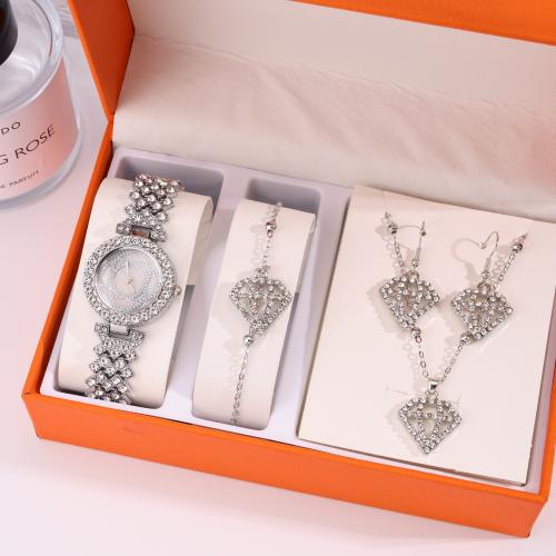 Rhinestone Zinc Alloy Jewelry Set, watch & bracelet & earring & necklace, Diamond Shape, silver color plated, 4 pieces & for woman & with rhinestone 