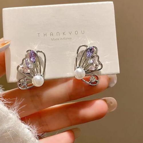 Plastic Pearl Zinc Alloy Earring, with ABS Plastic Pearl, Butterfly, plated, fashion jewelry & micro pave cubic zirconia, silver color 