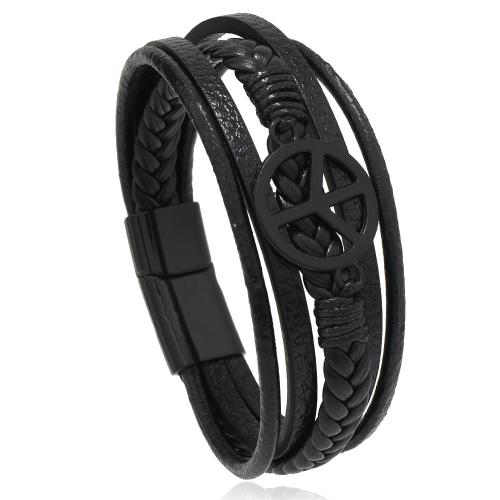 PU Leather Cord Bracelets, with Zinc Alloy, handmade, multilayer & for man, black 
