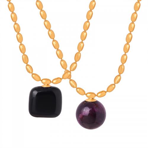 Titanium Steel Jewelry Necklace, with Natural Stone & Agate, 18K gold plated, fashion jewelry & for woman Approx 46 cm 