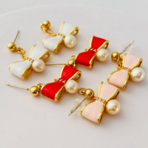 Brass Drop Earring, with Plastic Pearl, Bowknot, 18K gold plated, fashion jewelry & for woman & enamel 