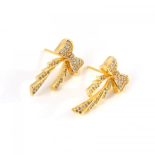 Cubic Zirconia Micro Pave Brass Earring, Bowknot, real gold plated, micro pave cubic zirconia & for woman, golden 