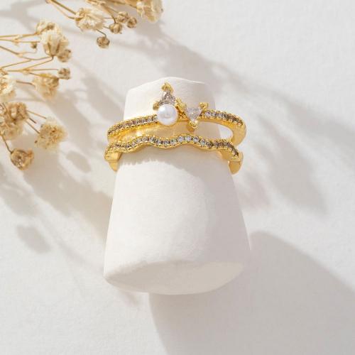 Zircon pavent l'anneau en laiton de doigt, avec perle de plastique, Plaqué d'or, pavé de micro zircon & pour femme, plus de couleurs à choisir, Vendu par PC