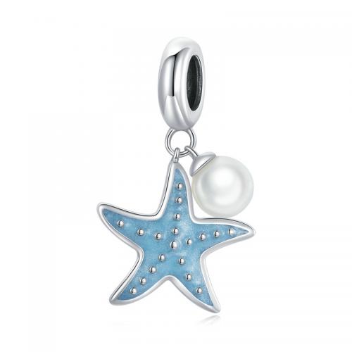 Sterling Silver European Pendants, 925 Sterling Silver, with Shell Pearl, Starfish, DIY & enamel 
