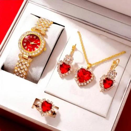 Rhinestone Zinc Alloy Jewelry Set, watch & finger ring & earring & necklace, gold color plated, 4 pieces & with rhinestone 