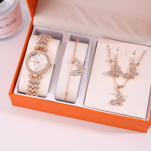 Rhinestone Zinc Alloy Jewelry Set, watch & bracelet & earring & necklace, gold color plated, 4 pieces & with rhinestone 