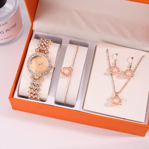 Rhinestone Zinc Alloy Jewelry Set, watch & bracelet & earring & necklace, with Plastic Pearl, gold color plated, 4 pieces & with rhinestone 