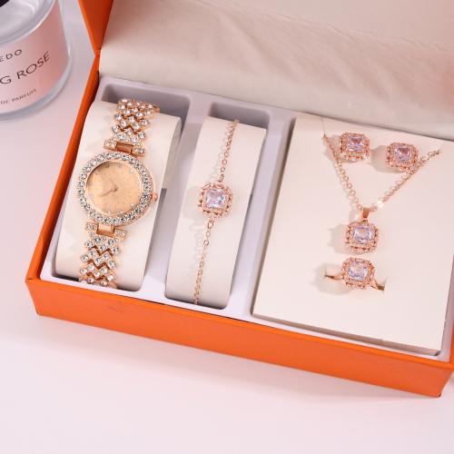 Rhinestone Zinc Alloy Jewelry Set, Stud Earring & watch & bracelet & necklace, gold color plated, 4 pieces & with rhinestone 