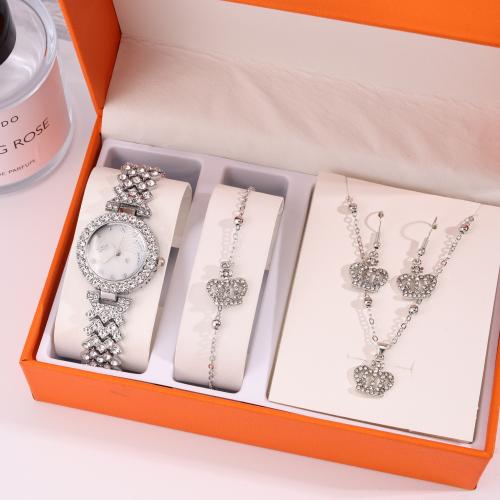 Rhinestone Zinc Alloy Jewelry Set, watch & bracelet & earring & necklace, silver color plated, 4 pieces & with rhinestone 