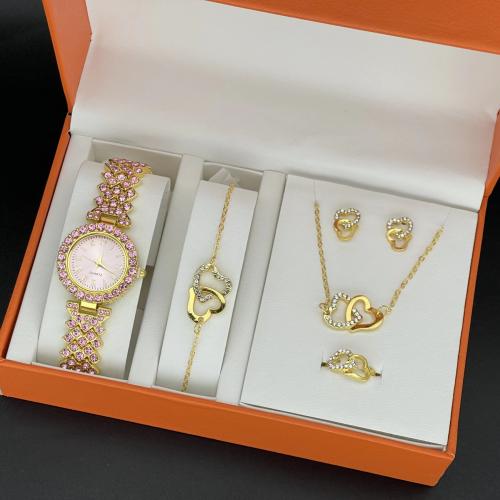 Rhinestone Zinc Alloy Jewelry Set, Stud Earring & watch & finger ring & bracelet & necklace, gold color plated, 5 pieces & with rhinestone 