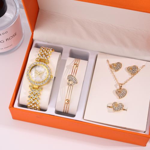Rhinestone Zinc Alloy Jewelry Set, Stud Earring & watch & finger ring & bracelet & necklace, gold color plated, 5 pieces & with rhinestone 