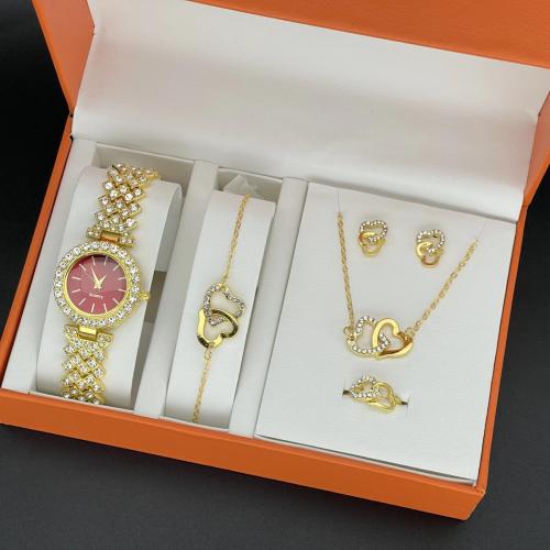 Rhinestone Zinc Alloy Jewelry Set, watch & bracelet & earring & necklace, gold color plated, 4 pieces & enamel & with rhinestone 